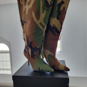 Camouflage Knee High Heeled Boots